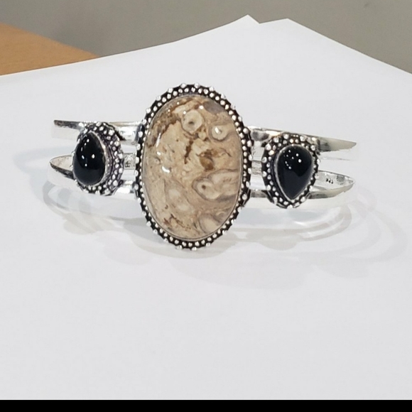 Chalcedony bracelet, 925 silver rock chalcedony black onyx adjustable bangle - Picture 3 of 15